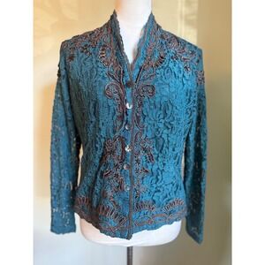Vintage Teal Lace Embroidered top  PS boho whimsigoth romantic fairy beaded
